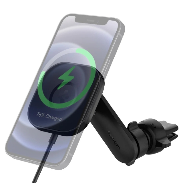 Автомобильный держатель для iPhone серии 12 / 13 Spigen (ACP02615) OneTap Pro Wireless Magnetic Charger Air Vent (MagFit) ITS12W Black